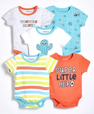 Babyoye Cotton Short Sleeves Onesies Multiprint Pack of 5 - Multicolour