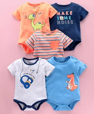 Babyoye Half Sleeves Bodysuits Dino Print Pack Of 5 - Blue Orange