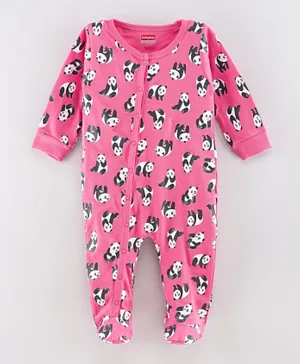 Babyhug Full Sleeves Footed Sleep Suit Panda Print - Pink
