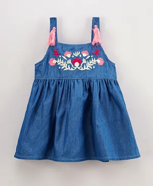 Babyhug Singlet Denim Frock with Floral Embroidered - Blue