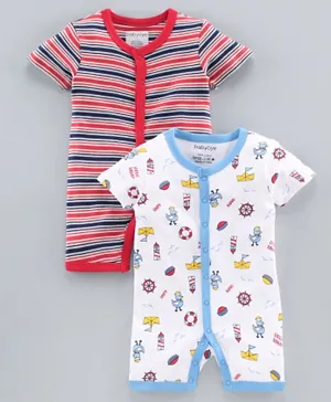 Babyoye Cotton Short Sleeves Rompers Multiprint Pack of 2 - White Red