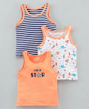 Babyoye Cotton Sleeveless Vests Sea Animals Print Pack of 3 - Orange White