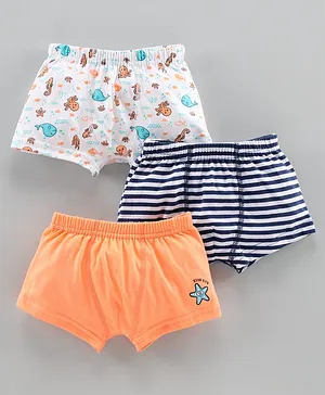 Babyoye Cotton Trunks Star Fish Print Pack of 3 - Orange Navy Blue White