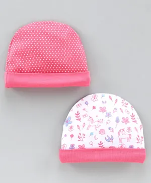 Babyhug 100% Cotton Cap Printed Pink Pack of 2 - Diameter 9.5 cm