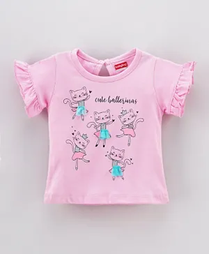 Babyhug Frill Sleeves Tee Kitty Print - Pink