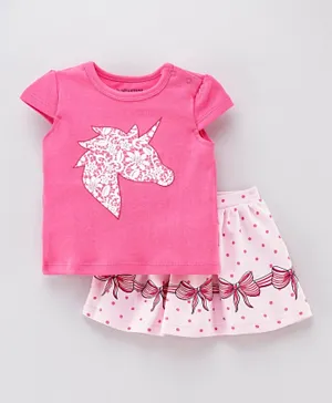 Babyoye Half Sleeves Cotton Top and Skirt Set Unicorn Print - Pink