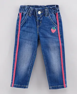 Babyhug Full Length Taped Jeans with Strawberry Patch - Blue