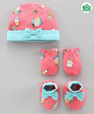 Babyoye Cotton Cap Mitten & Booties Set Cupcake Print Pink - Diameter 13 cm