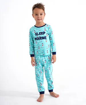 Babyoye Full Sleeves Cotton Night Suit Marine Print - Aqua Blue