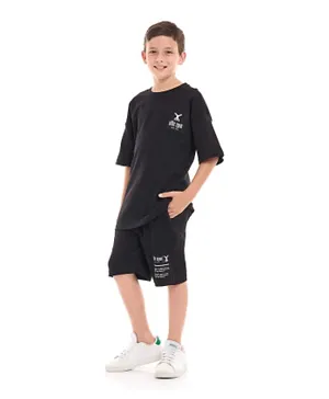 Victor and Jane Upside Down Patched T-Shirt & Shorts Co-ord Set - Black