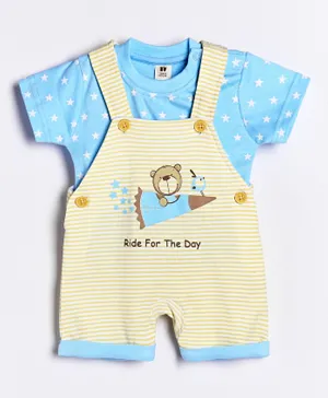 ToffyHouse Dungaree Style Romper With Half Sleeves Tee Bear Print - Blue