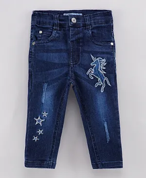 ToffyHouse Full Length Distressed Denim Jeans with Adjustable Elastic Waist Unicorn Embroidery - Blue