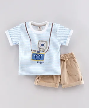 ToffyHouse Half Sleeves Striped Tee and Croduroy Shorts Set Camera Patch - Beige