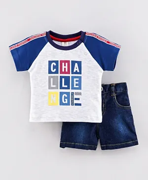 ToffyHouse Half Raglan Sleeves Tee with Shorts Challenge Print - Blue