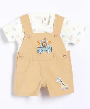 ToffyHouse Corduroy Dungaree Style Romper With Half Sleeves Tee Jungle Embroidery - Brown White