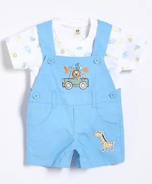 ToffyHouse Dungaree Style Romper With Half Sleeves Tee Jungle Embroidery - Blue White