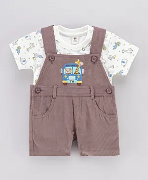 ToffyHouse Dungaree Style Romper With Half Sleeves Tee Vehicle Patch - Light Brown