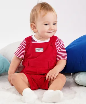 ToffyHouse Dungaree Style Romper With Half Sleeves Striped Tee - Red