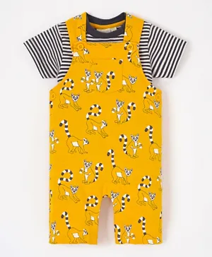JoJo Maman Bebe Lemur Print Dungaree with T-Shirt Set - Mustard