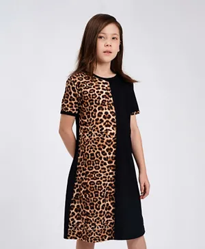 كووكي كيدز فستان بأكمام قصيرة وطباعة النمر - بني أسود