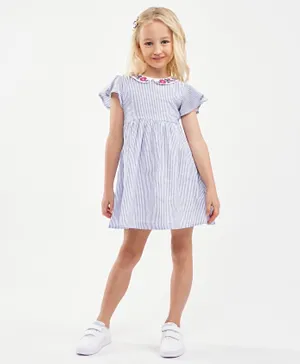 Babyhug Shorts Sleeves Striped Frock Floral Embroidery - Blue