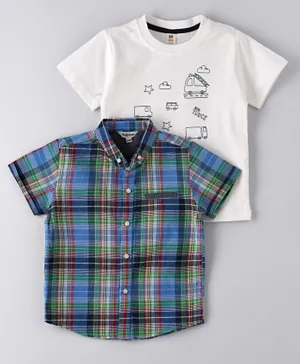 ToffyHouse Half Sleeves Checks Shirt with Inner T-Shirt - Blue