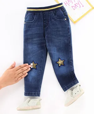 Babyhug Full Length Denim Jeans with Reversible Sequins - Dark Blue
