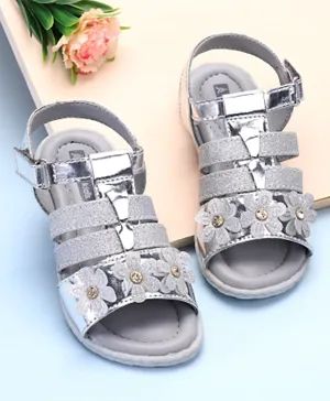 Pine Kids Party Wear Sandals Floral Applique - Silver