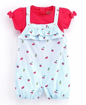 Babyhug Dungaree With Inner Top Fruits Print - Blue Pink
