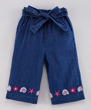 Babyhug Capri Length Culottes Floral Embroidery - Blue