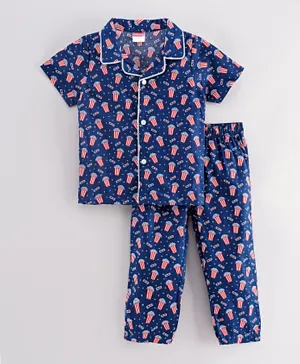 Babyhug Half Sleeves Anti Microbial Night Suit Pop Corn Print - Navy Blue