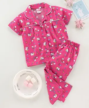 Babyhug Half Sleeves Night Suit Unicorn Print - Pink