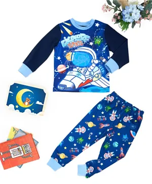 Babyqlo Cotton Stretch Astronaut Glow-in-the-Dark Full Sleeves Graphic T-Shirt & & All Over Printed Pyjama Set - Blue