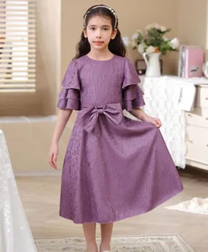 Le Crystal Bow Detailed A-line Ruffle Sleeves Party Dress - Purple