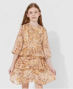 Neon All Over Printed 3/4th Sleeves Layered Dress - Beige