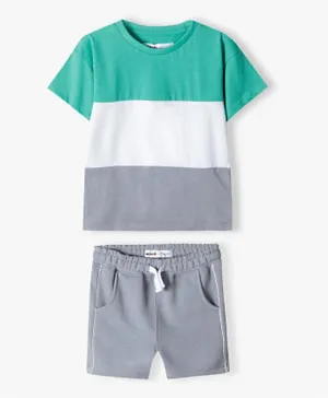 Minoti Solid Jersey T-Shirt & Fleece Shorts Set - White/ Green/Grey