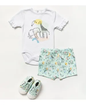 Lily and Jack Animal Printed Bodysuit with Shorts & Shoes - White