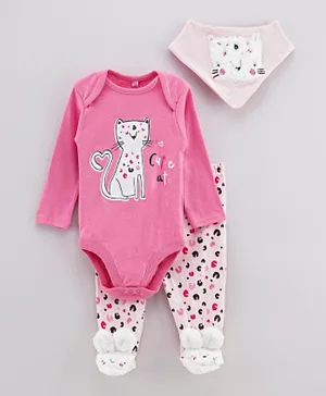 Lily and Jack 3Pc Leopard Bodysuit & Trousers Set with Bib - Pink