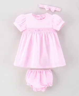 Rock a Bye Baby Floral Smocked  Dress With Bloomer And Headband Set - Pink
