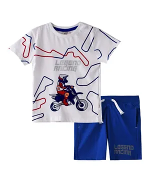 Victor and Jane Sports Bike Legend Racing Graphic T-Shirt & Shorts Set - White & Blue