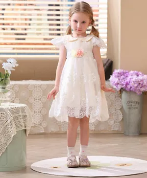 Smart Baby Floral Applique & Embroidered Lace Sleeve Party Dress - Cream