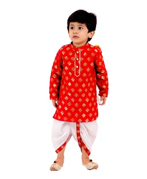 Little Bansi Full Sleeves Flower Motif Design Kurta With Dhoti - Red
