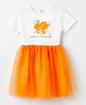 LC Waikiki Oranges Graphic Tulle Dress - White & Orange