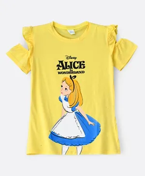 UrbanHaul X Disney Princess Alice In Wonderland Cotton Graphic Ruffled Cold Shoulder T-Shirt - Yellow