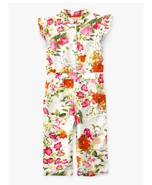 Jelliene All Over Floral Print Front Open Frilled Jumpsuit - White