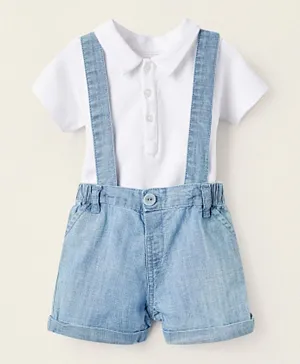 Zippy Cotton Collar Neck Solid Bodysuit & Chambray Shorts With Suspenders - Blue/White