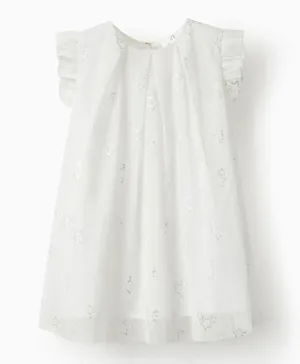 زيبي - فستان بأكمام قصيرة من التول والقطن مزين بالنجوم - أبيض
