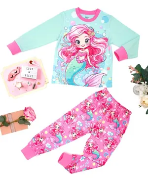 Babyqlo Cotton Stretch Mermaid Glow-in-the-Dark Full Sleeves Graphic T-Shirt & All Over Printed Pyjama Set - Blue & Pink