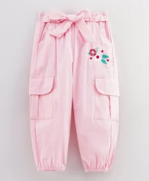 Babyhug Full Length Trouser Floral Embroidery - Pink