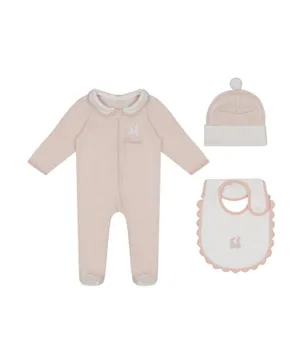 Little IA 3-Piece Organic Cotton Bunny Embroidered Sleep Suit Set With Bib & Cap - Pink